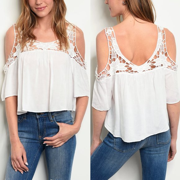 Love Encounter Tops - Ivory White Crochet Lace Cold Shoulder Cropped Top